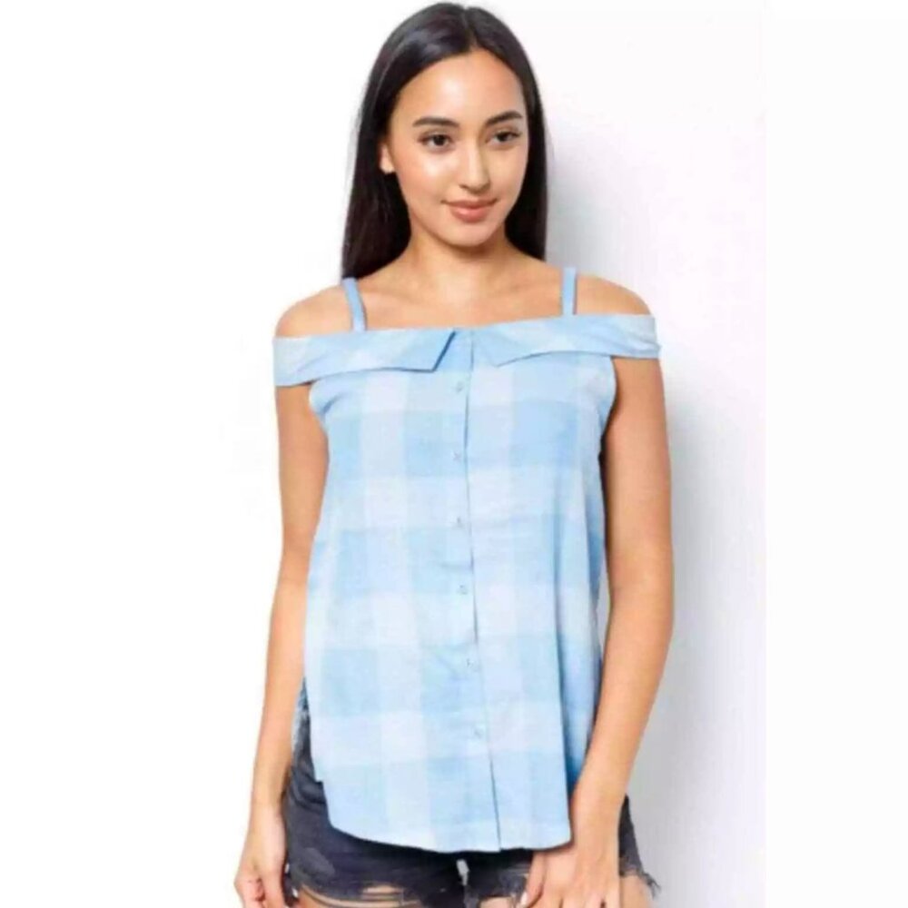 Current Air blue gingham off the shoulder top sz XS NWT